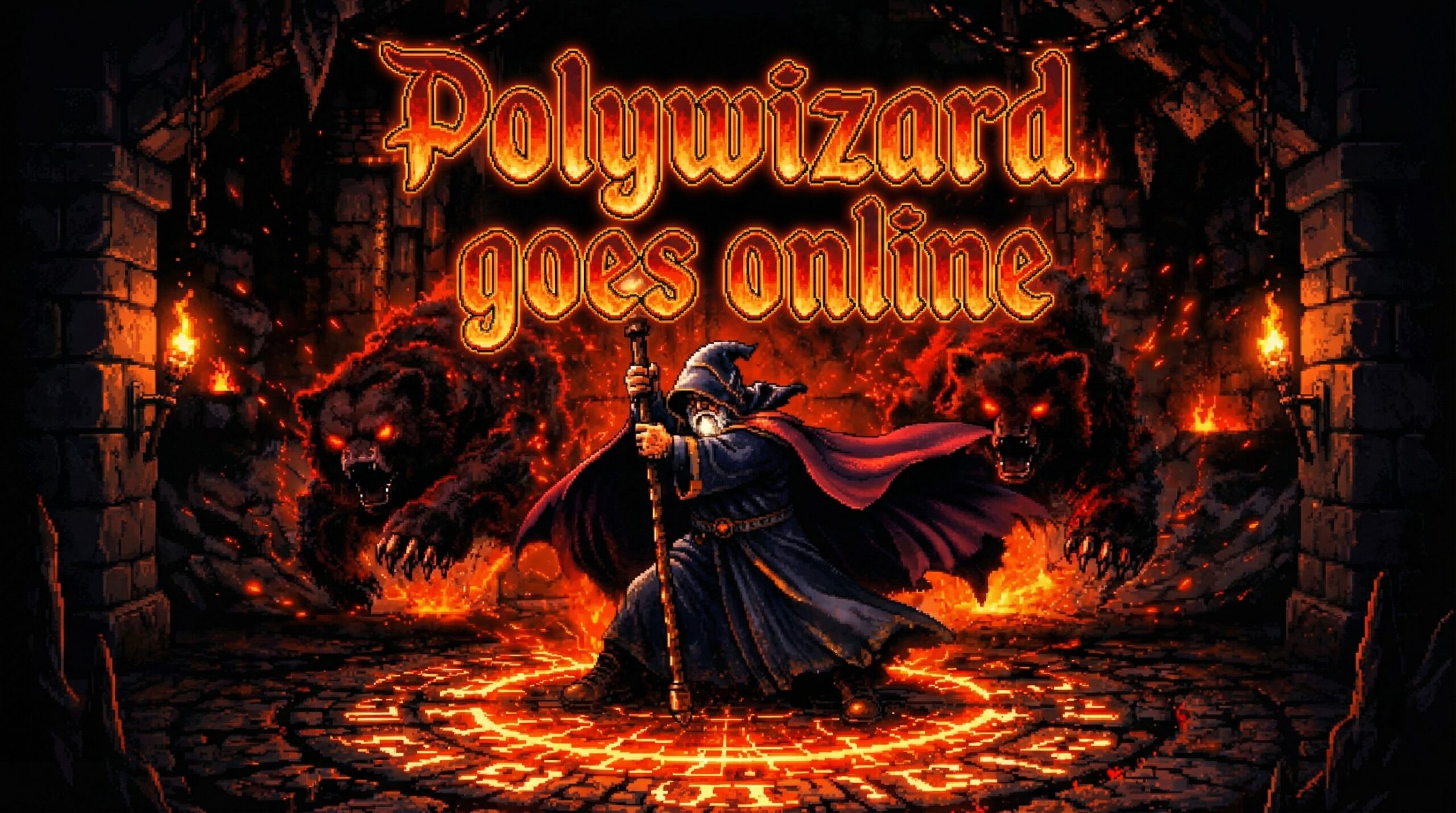 A wizard standing in the center and casting a spell. Polywizard goes online written above his head